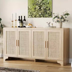 Aparador bufé de ratán natural con 4 puertas, consola de entrada, mueble para café y bufé de almacenamiento para comedor, cocina y sala de estar