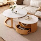 Round Nesting Coffee Table Set with White Marble Top, 2-Tier Storage & Drawer, Natural - ModernLuxe