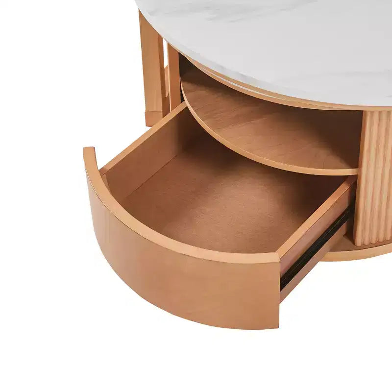Juego de mesas de centro redondas apilables con tapa de mármol blanco, almacenamiento de 2 niveles y cajón, natural - ModernLuxe