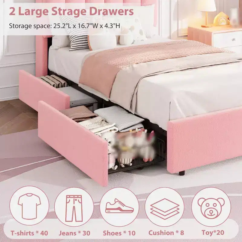 Estructura de cama individual con cabecero de almacenamiento, base de cama tapizada con 2 cajones, soporte de listones de madera, no requiere somier