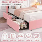 Estructura de cama individual con cabecero de almacenamiento, base de cama tapizada con 2 cajones, soporte de listones de madera, no requiere somier