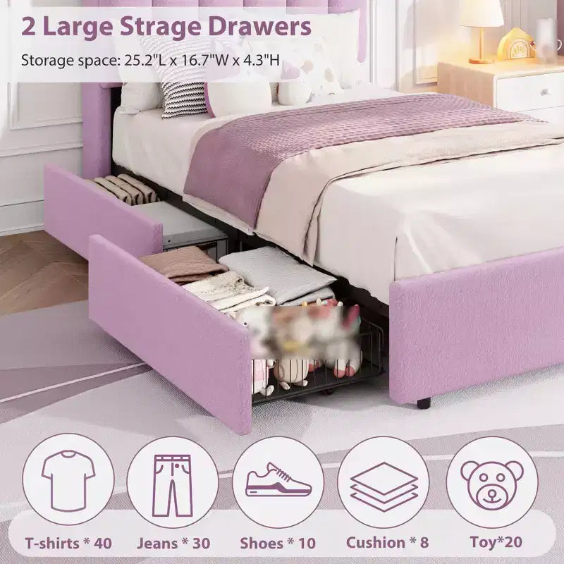 Estructura de cama individual con cabecero de almacenamiento, base de cama tapizada con 2 cajones, soporte de listones de madera, no requiere somier