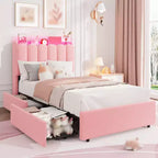 Estructura de cama individual con cabecero de almacenamiento, base de cama tapizada con 2 cajones, soporte de listones de madera, no requiere somier