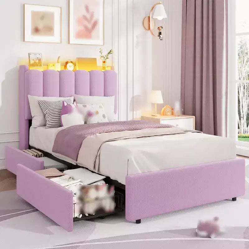 Estructura de cama individual con cabecero de almacenamiento, base de cama tapizada con 2 cajones, soporte de listones de madera, no requiere somier