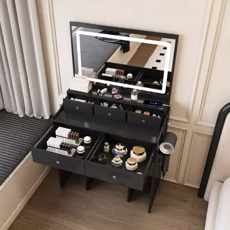 Mesa de tocador moderna Okak con espejo grande y luces, tocador con cajones y taburete pequeño, juego de mesa de maquillaje para dormitorios