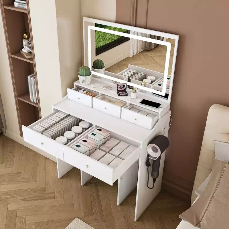 Mesa de tocador moderna Okak con espejo grande y luces, tocador con cajones y taburete pequeño, juego de mesa de maquillaje para dormitorios