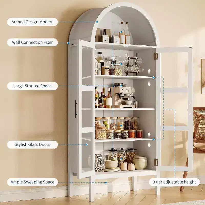 Armario de despensa de cocina alto y arqueado de 70" con luces LED y estantes ajustables, estantería arqueada para cocina, comedor, sala de estar
