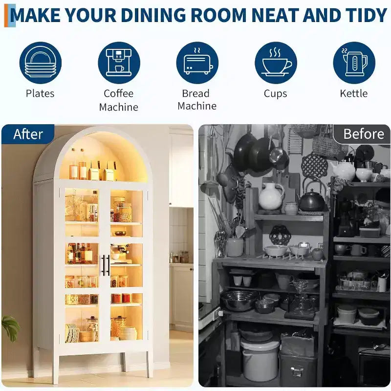 Armario de despensa de cocina alto y arqueado de 70" con luces LED y estantes ajustables, estantería arqueada para cocina, comedor, sala de estar