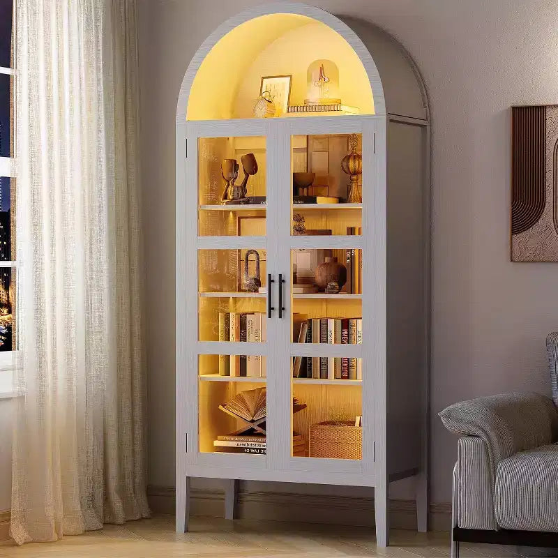 Armario de despensa de cocina alto y arqueado de 70" con luces LED y estantes ajustables, estantería arqueada para cocina, comedor, sala de estar