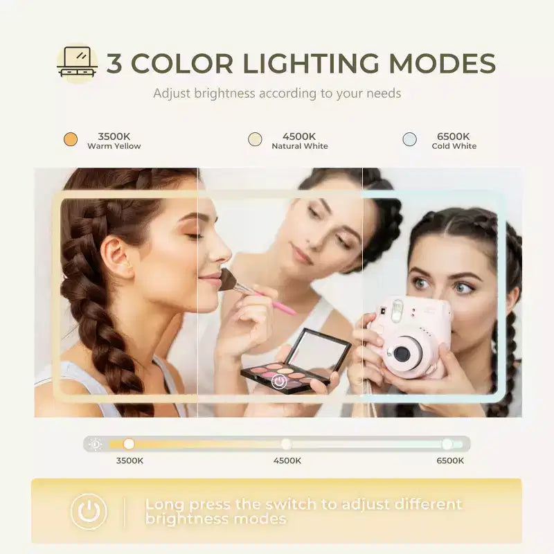 Tocador con espejo y luces, tocador de maquillaje con 3 tipos de iluminación ajustable, 3 estantes de almacenamiento, 5 cajones grandes y toma de corriente