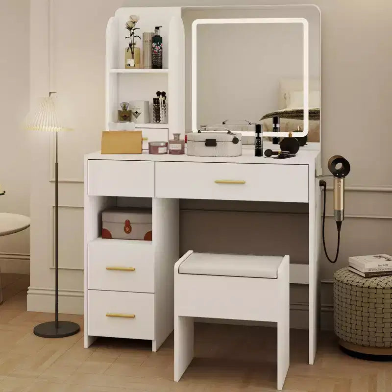 Tocador con espejo y luces, tocador de maquillaje con 3 tipos de iluminación ajustable, 3 estantes de almacenamiento, 5 cajones grandes y toma de corriente