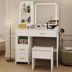 Tocador con espejo y luces, tocador de maquillaje con 3 tipos de iluminación ajustable, 3 estantes de almacenamiento, 5 cajones grandes y toma de corriente