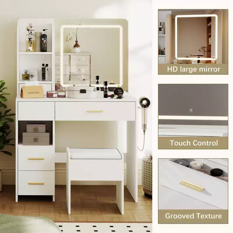 Tocador con espejo y luces, tocador de maquillaje con 3 tipos de iluminación ajustable, 3 estantes de almacenamiento, 5 cajones grandes y toma de corriente
