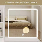 Tocador con espejo y luces, tocador de maquillaje con 3 tipos de iluminación ajustable, 3 estantes de almacenamiento, 5 cajones grandes y toma de corriente