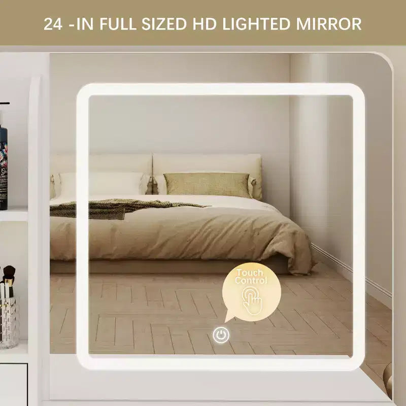 Tocador con espejo y luces, tocador de maquillaje con 3 tipos de iluminación ajustable, 3 estantes de almacenamiento, 5 cajones grandes y toma de corriente