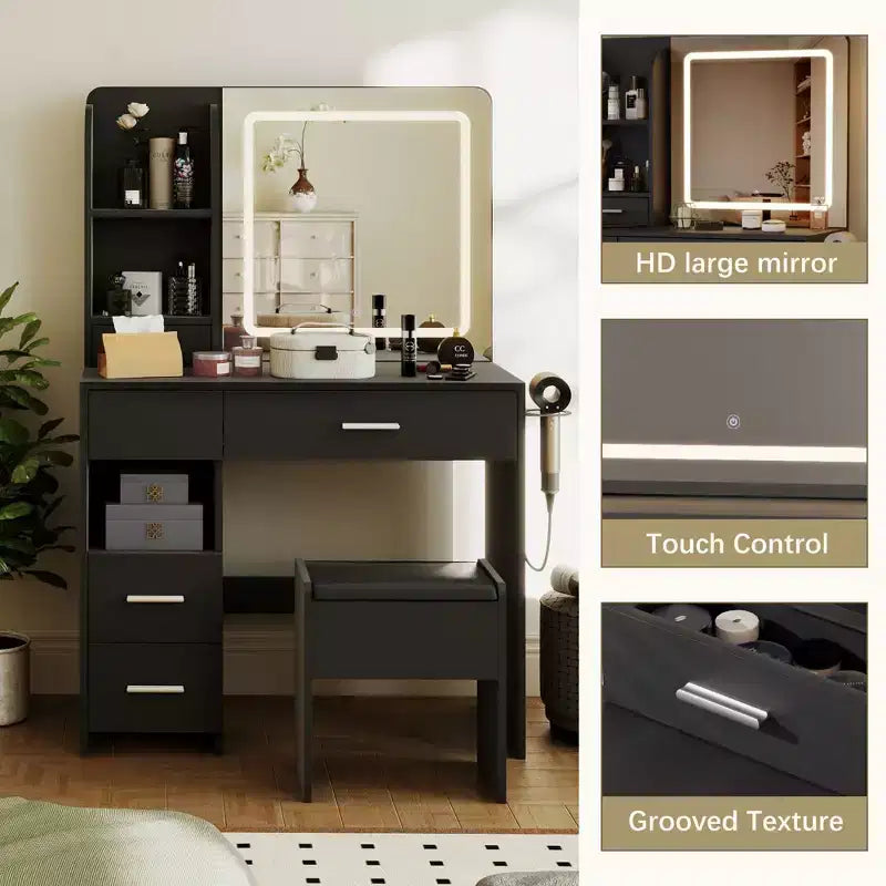 Tocador con espejo y luces, tocador de maquillaje con 3 tipos de iluminación ajustable, 3 estantes de almacenamiento, 5 cajones grandes y toma de corriente