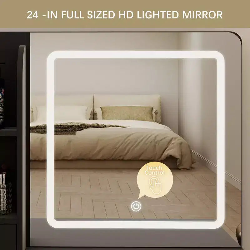Tocador con espejo y luces, tocador de maquillaje con 3 tipos de iluminación ajustable, 3 estantes de almacenamiento, 5 cajones grandes y toma de corriente