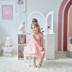Tocador de lujo de madera Teamson Kids Glow con espejo LED, almacenamiento y taburete, blanco