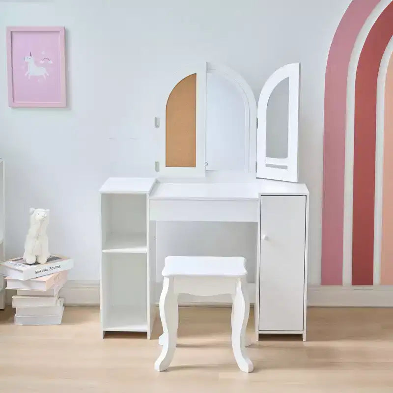 Tocador de lujo de madera Teamson Kids Glow con espejo LED, almacenamiento y taburete, blanco