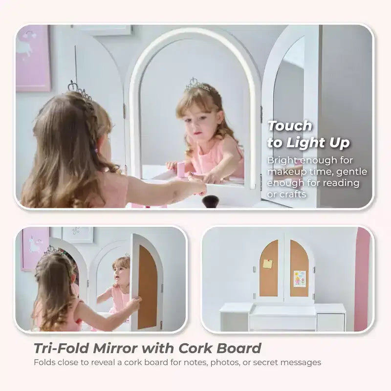 Tocador de lujo de madera Teamson Kids Glow con espejo LED, almacenamiento y taburete, blanco