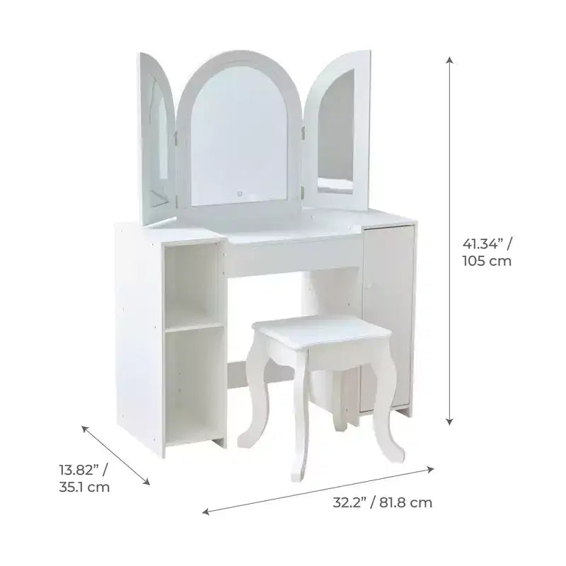 Tocador de lujo de madera Teamson Kids Glow con espejo LED, almacenamiento y taburete, blanco
