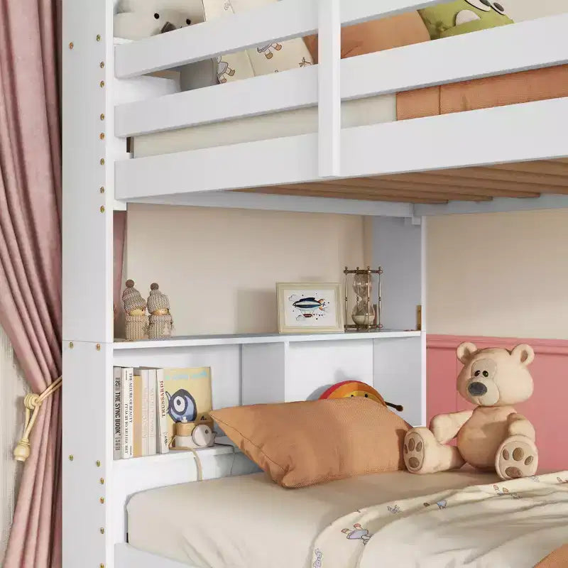 Litera Okak doble sobre doble con estantes de almacenamiento, literas infantiles 2 en 1 de madera de caucho con barandillas de seguridad y escalera, cama doble para dormitorio