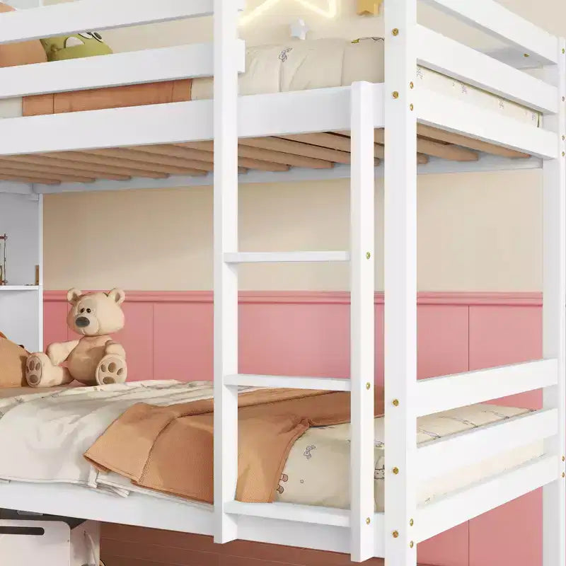 Litera Okak doble sobre doble con estantes de almacenamiento, literas infantiles 2 en 1 de madera de caucho con barandillas de seguridad y escalera, cama doble para dormitorio