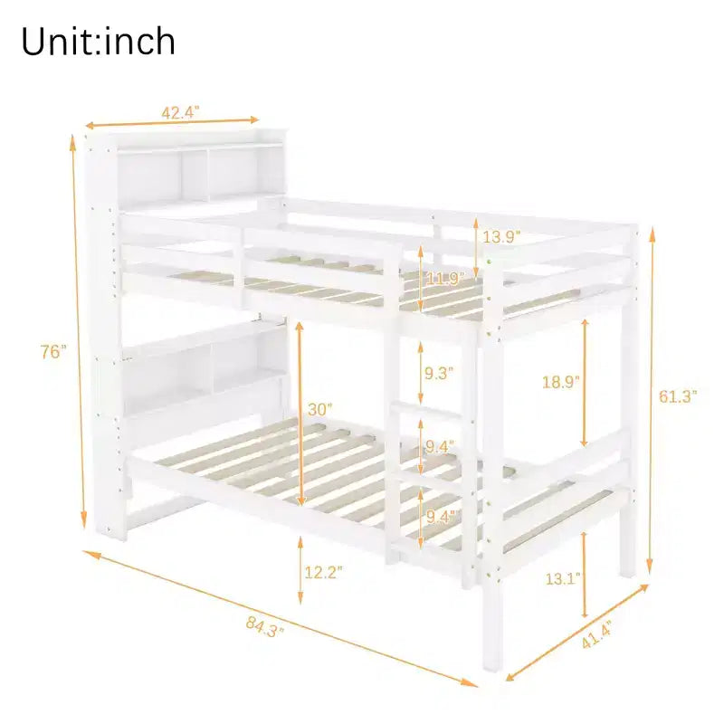 Litera Okak doble sobre doble con estantes de almacenamiento, literas infantiles 2 en 1 de madera de caucho con barandillas de seguridad y escalera, cama doble para dormitorio