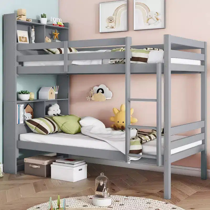 Litera Okak doble sobre doble con estantes de almacenamiento, literas infantiles 2 en 1 de madera de caucho con barandillas de seguridad y escalera, cama doble para dormitorio