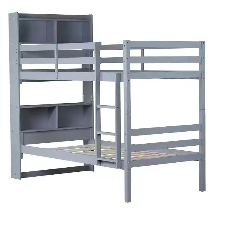 Litera Okak doble sobre doble con estantes de almacenamiento, literas infantiles 2 en 1 de madera de caucho con barandillas de seguridad y escalera, cama doble para dormitorio