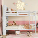 Litera Okak doble sobre doble con estantes de almacenamiento, literas infantiles 2 en 1 de madera de caucho con barandillas de seguridad y escalera, cama doble para dormitorio