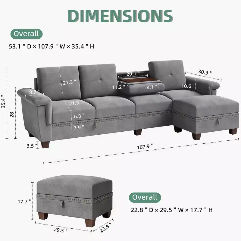 Sofá Seccional Celebalcony, Sofá Convertible en Forma de L con Almacenamiento, Sofá Seccional con Otomana de Almacenamiento para Sala de Estar, Apartamento, Oficina