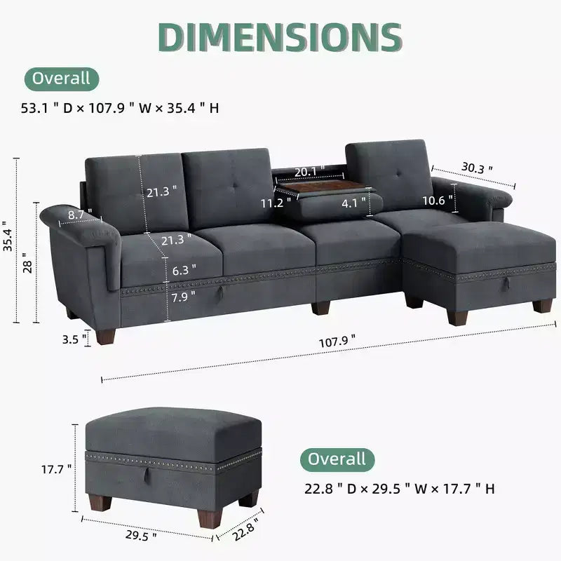 Sofá Seccional Celebalcony, Sofá Convertible en Forma de L con Almacenamiento, Sofá Seccional con Otomana de Almacenamiento para Sala de Estar, Apartamento, Oficina