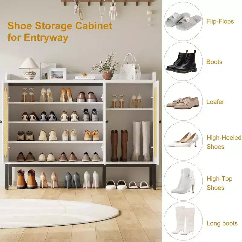 Armario para zapatos TruAIR blanco de 6 niveles con 3 puertas de ratán (117.1 cm An. x 35.3 cm Pr. x 72.9 cm Al.) - Organizador de entrada y sala de estar independiente