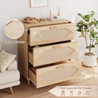 COZONY Cómoda de 3 Cajones de Ratán, Cómoda Rústica de Madera de Roble con Frentes Tejidos, Armario Moderno de Almacenamiento para Dormitorio, Sala de Estar o Entrada