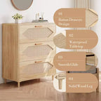 COZONY Cómoda de 3 Cajones de Ratán, Cómoda Rústica de Madera de Roble con Frentes Tejidos, Armario Moderno de Almacenamiento para Dormitorio, Sala de Estar o Entrada