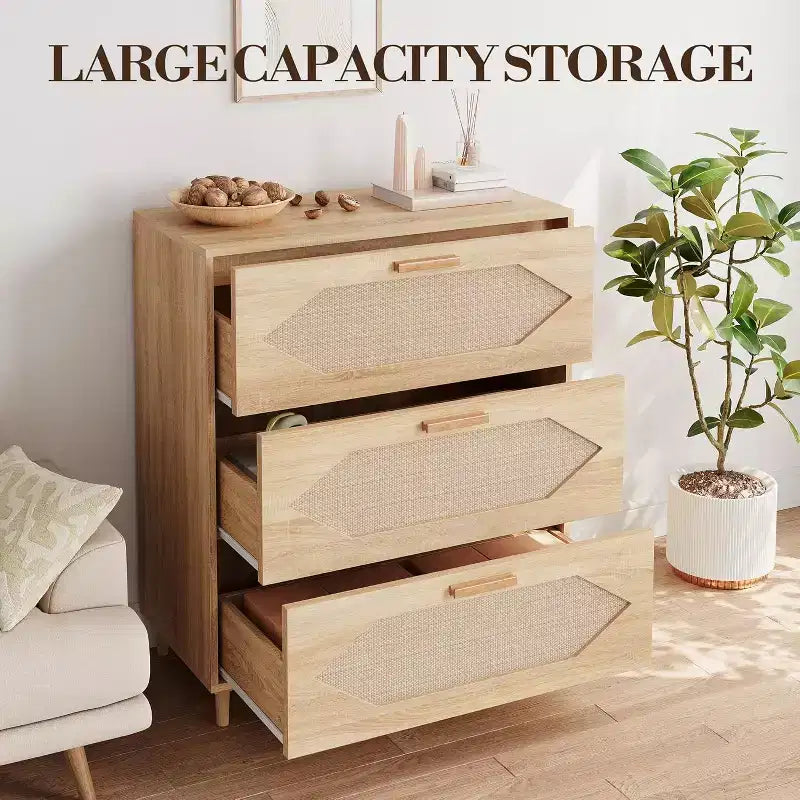 COZONY Cómoda de 3 Cajones de Ratán, Cómoda Rústica de Madera de Roble con Frentes Tejidos, Armario Moderno de Almacenamiento para Dormitorio, Sala de Estar o Entrada