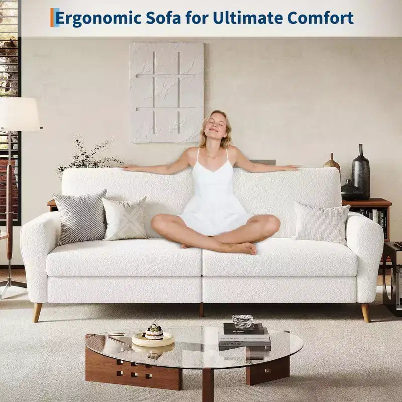 Sofá moderno de 84 pulgadas, sofá grande de 3 plazas con reposabrazos aerodinámicos, sofá de dos plazas de bouclé con patas de madera, sofá cómodo para sala de estar, apartamento, salón