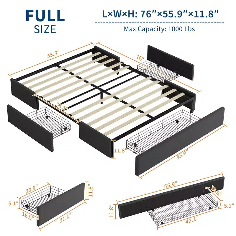 Base de cama COZONY con 3 cajones de almacenamiento, cama de plataforma tapizada en tela con listones de madera, no necesita somier, fácil montaje, gris