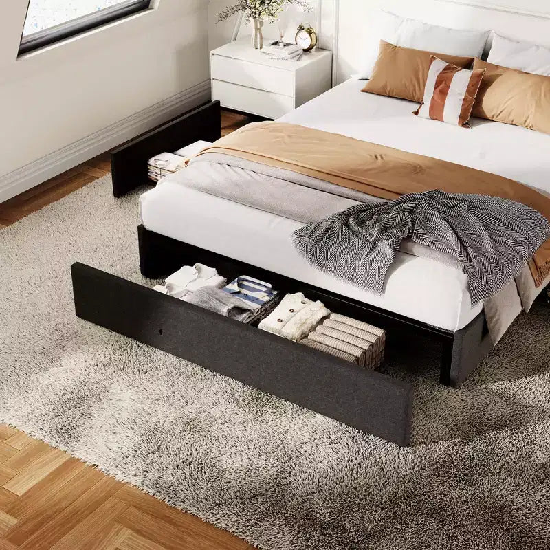 Base de cama COZONY con 3 cajones de almacenamiento, cama de plataforma tapizada en tela con listones de madera, no necesita somier, fácil montaje, gris