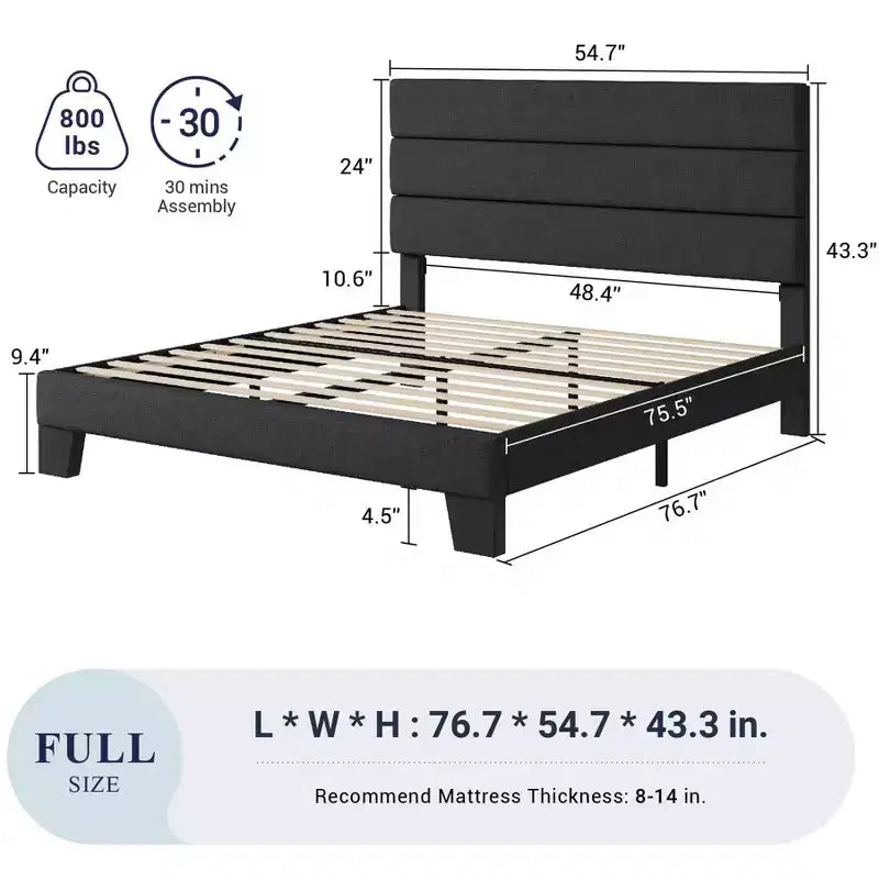 Estructura de cama con cabecero tapizado, soporte de láminas de madera, base de colchón gris oscuro