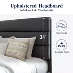 Estructura de cama con cabecero tapizado, soporte de láminas de madera, base de colchón gris oscuro