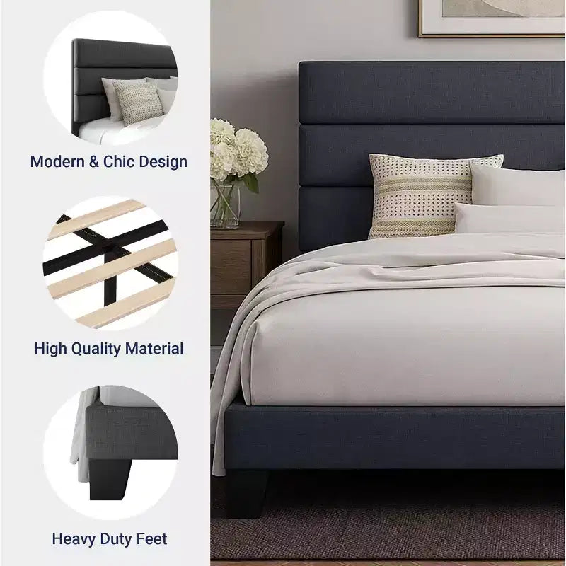 Estructura de cama con cabecero tapizado, soporte de láminas de madera, base de colchón gris oscuro