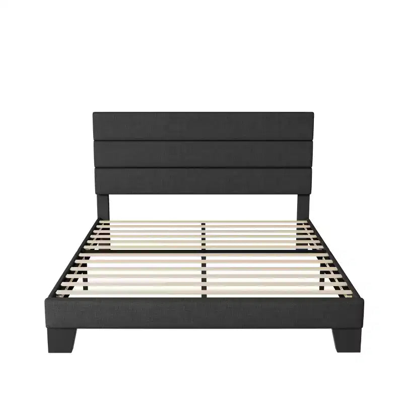 Estructura de cama con cabecero tapizado, soporte de láminas de madera, base de colchón gris oscuro
