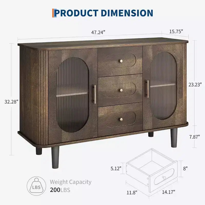 GarveeHome Aparador Buffet de 47" con 2 Puertas de Vidrio Estriado y 3 Cajones, Barra de Café Acentuada de Granja Moderna con Estantes Ajustables