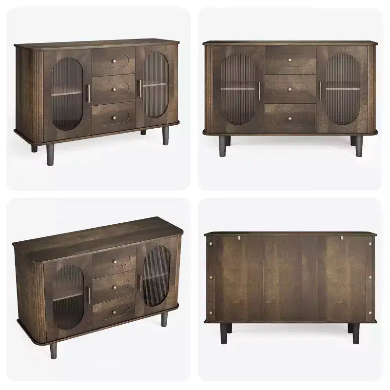 GarveeHome Aparador Buffet de 47" con 2 Puertas de Vidrio Estriado y 3 Cajones, Barra de Café Acentuada de Granja Moderna con Estantes Ajustables