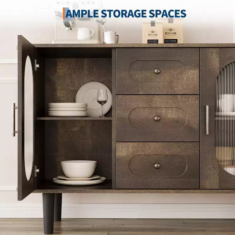 GarveeHome Aparador Buffet de 47" con 2 Puertas de Vidrio Estriado y 3 Cajones, Barra de Café Acentuada de Granja Moderna con Estantes Ajustables