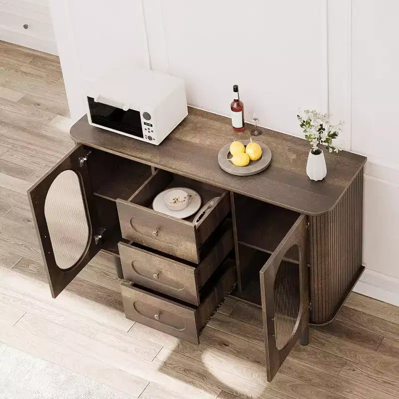 GarveeHome Aparador Buffet de 47" con 2 Puertas de Vidrio Estriado y 3 Cajones, Barra de Café Acentuada de Granja Moderna con Estantes Ajustables