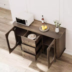 GarveeHome Aparador Buffet de 47" con 2 Puertas de Vidrio Estriado y 3 Cajones, Barra de Café Acentuada de Granja Moderna con Estantes Ajustables
