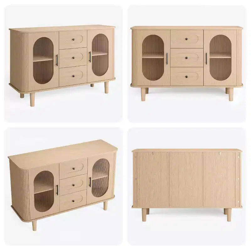 GarveeHome Aparador Buffet de 47" con 2 Puertas de Vidrio Estriado y 3 Cajones, Barra de Café Acentuada de Granja Moderna con Estantes Ajustables